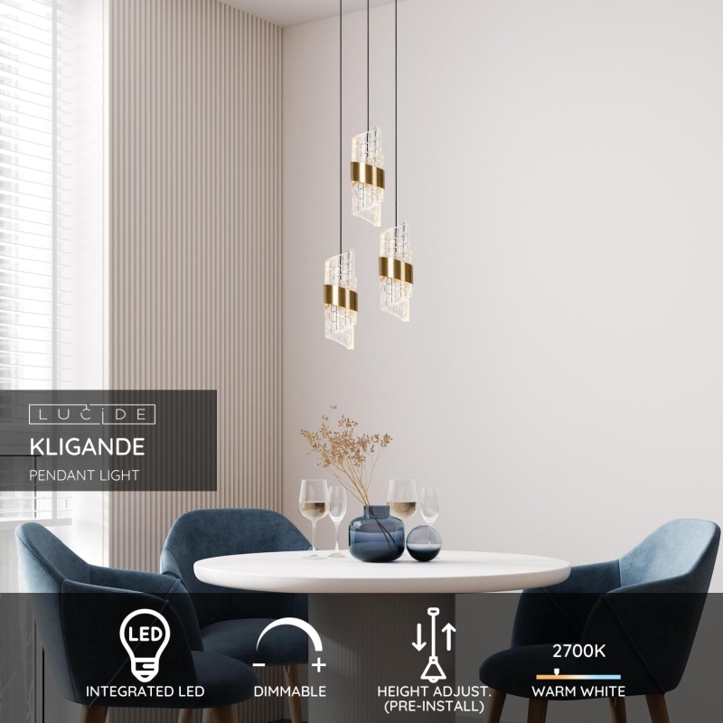 Lucide KLIGANDE - Závesné svietidlo - Ø 25 cm - LED Rozm. - 3x8W 2700K - Matt Gold / Mosadz